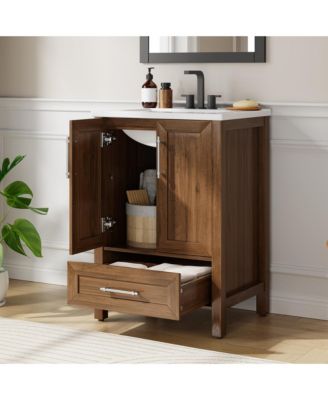 Bathroom Vanity with Ceramic Sink, Bathroom Storage Cabinet with Drawer and 2 Soft Closing Doors, Single Sink Bathroom Vanity with Integral Top