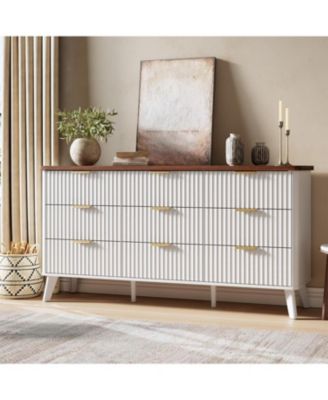 60.6" Wide Fluted 9-Drawer Dresser, Curved Profile with Gold Handles