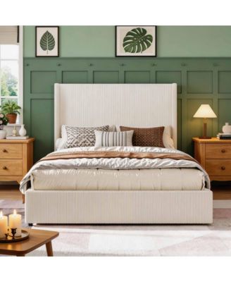 Upholstered Platform Bed Frame with Storage Drawers, Wingback with Tufted Headboard and Footboard