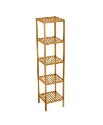 5-Tier Bamboo Shelf Narrow Bathroom Shelf with Slatted Shelves Wood Plant Stand Standing Towel Rack Corner Rack
