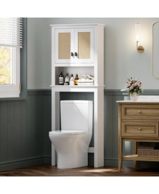 Over Toilet Storage Cabinet with Rattan Doors and Adjustable Shelf, Farmhouse Bathroom Organizer with Open Shelf