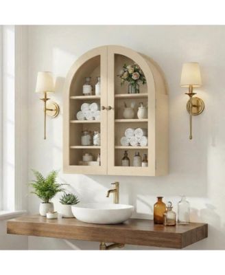 Arched Bathroom Wall Cabinet with Glass Doors and Adjustable Shelves, Wood Over Toilet Storage Organizer for Bathroom and Laundry Room