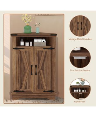 Farmhouse Corner Storage Cabinet with Barn Doors and Adjustable Shelves, Space Saving Organizer for Bathroom, Kitchen and Living Room
