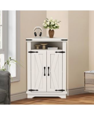 Farmhouse Corner Storage Cabinet with Barn Doors and Adjustable Shelves, Space Saving Organizer for Bathroom, Kitchen and Living Room
