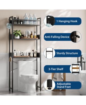 3 Tier Over Toilet Storage Rack with Shelf and Basket, Bathroom Space Saver Organizer with Wood Shelves and Metal Frame for Bath