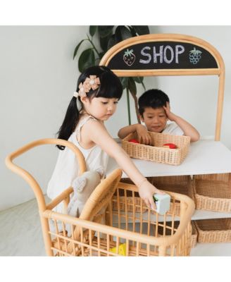 Handcrafted Rattan Kids Shopping Cart with Baby Seat - Wicker