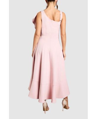 Women's One Shoulder Crepe Ruffle Midi Dress