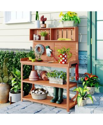 65" Large Wooden Farmhouse Rustic Outdoor Potting Bench Table, Patio Workstation, Garden Potting Bench