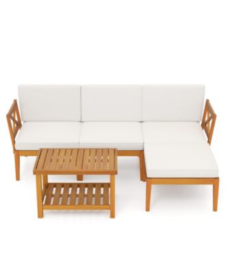 5-Piece Acacia Wood Outdoor Conversation Set with 2-Tier Coffee Table and Cushions