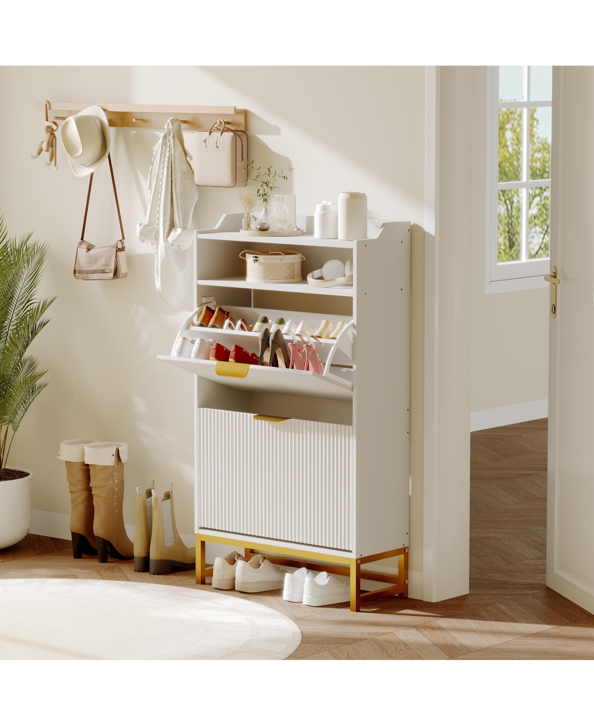 Homfan Fluted Shoe Cabinet with 2 Flip Drawers, Open Shelf and Metal Legs, Slim Entryway Storage for Hallway and Foyer