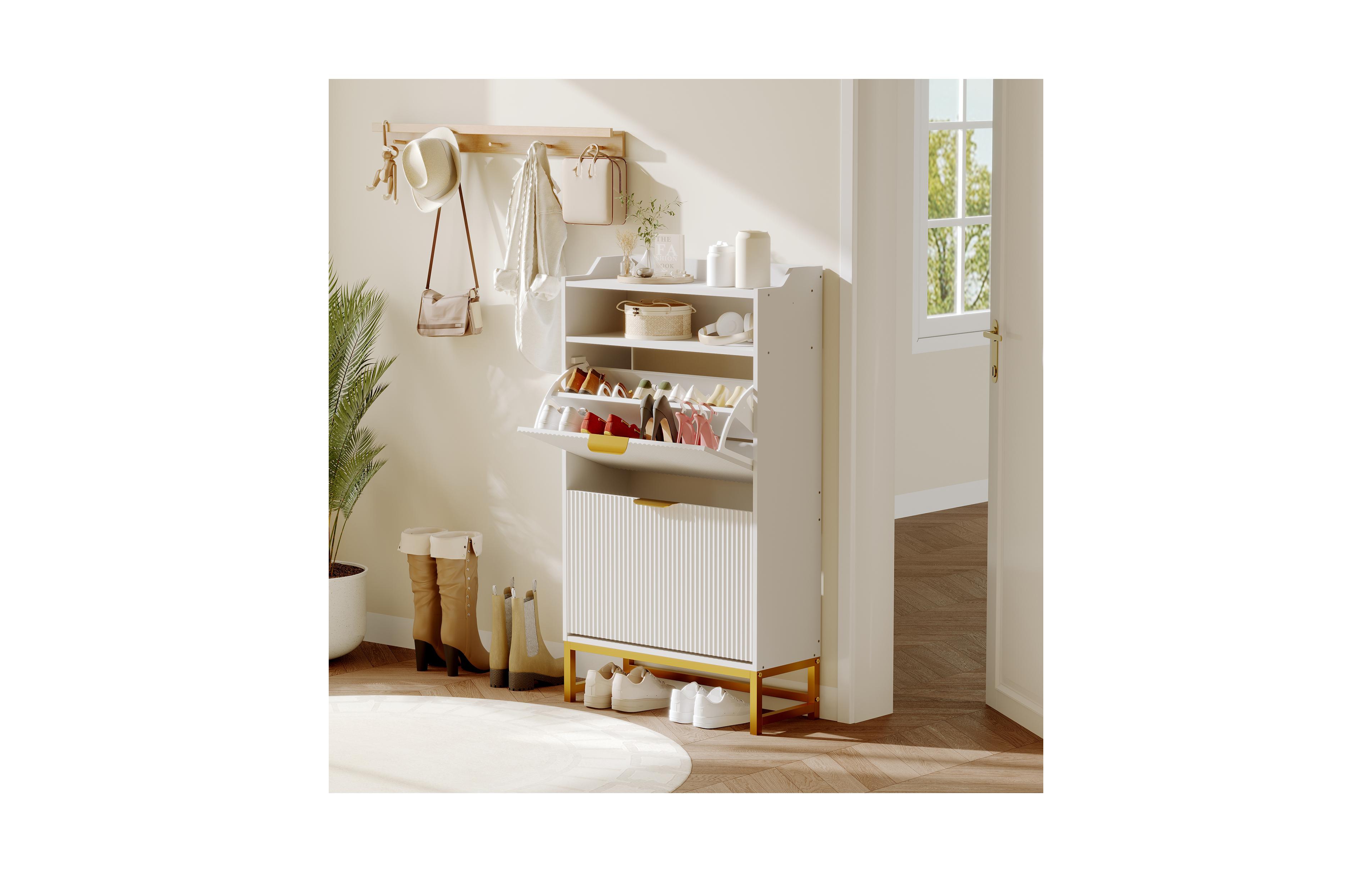 Homfan Fluted Shoe Cabinet with 2 Flip Drawers, Open Shelf and Metal Legs, Slim Entryway Storage for Hallway and Foyer
