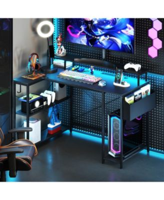 L-Shaped Gaming Desk with LED Lights and Power Outlets