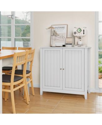 Modern Freestanding White Buffet Cabinet, 2 Door Storage Cabinet with Silver Knobs