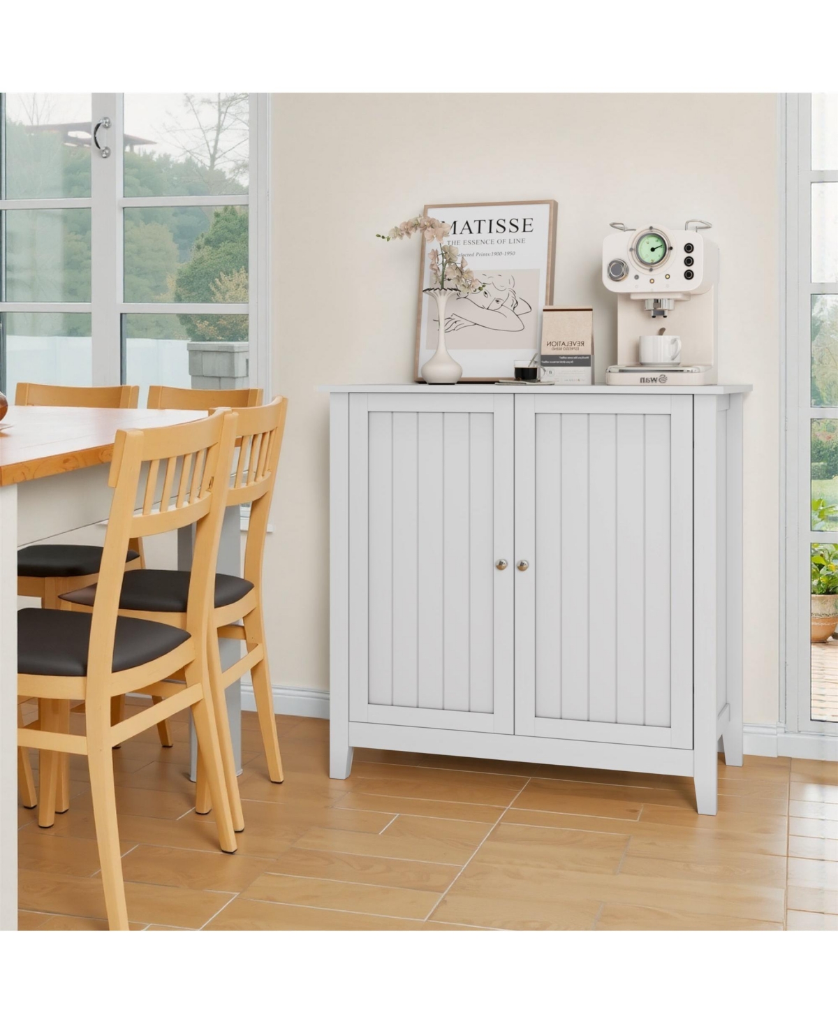 Clihome Modern Freestanding White Buffet Cabinet, 2 Door Storage Cabinet with Silver Knobs