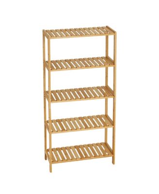 5-Tier Wide Bamboo Shelf Narrow Bathroom Shelf with Slatted Shelves Wood Plant Stand Standing Towel Rack Corner Rack