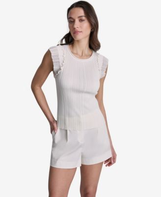 Women's Ribbed Ruffle Cap-Sleeve Crewneck Top