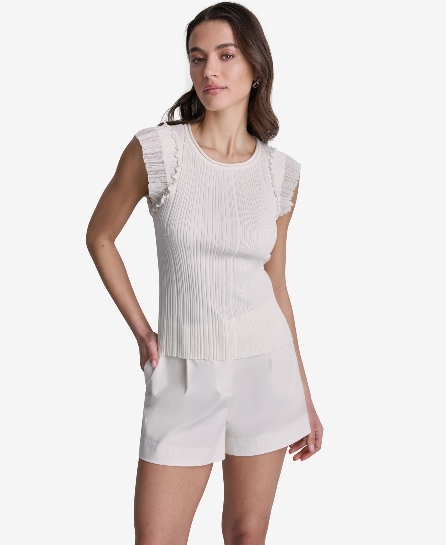 Women's Ribbed Ruffle Cap-Sleeve Crewneck Top
