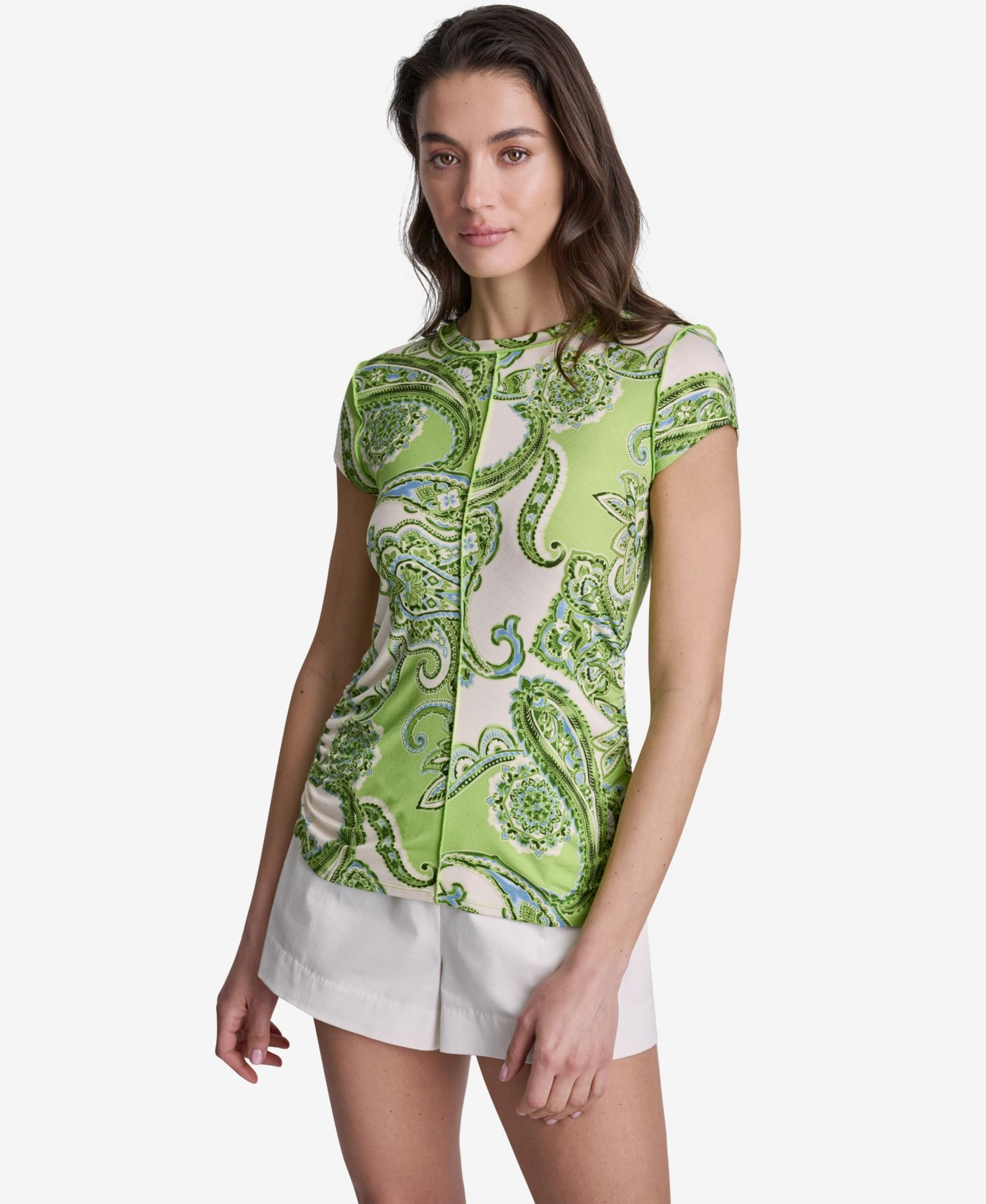 Women's Paisley Print Crewneck Cap-Sleeve Top