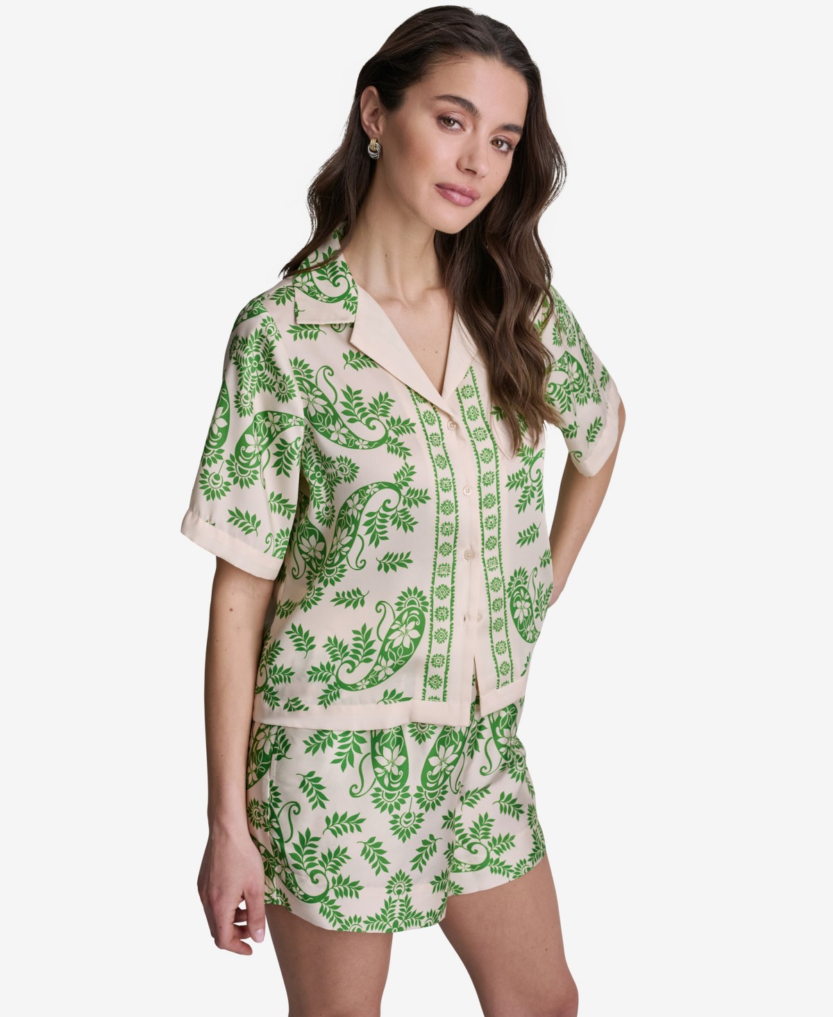 Женские топы BCBG Women's Botanical Print Short-Sleeve Button-Front Top — фото 4