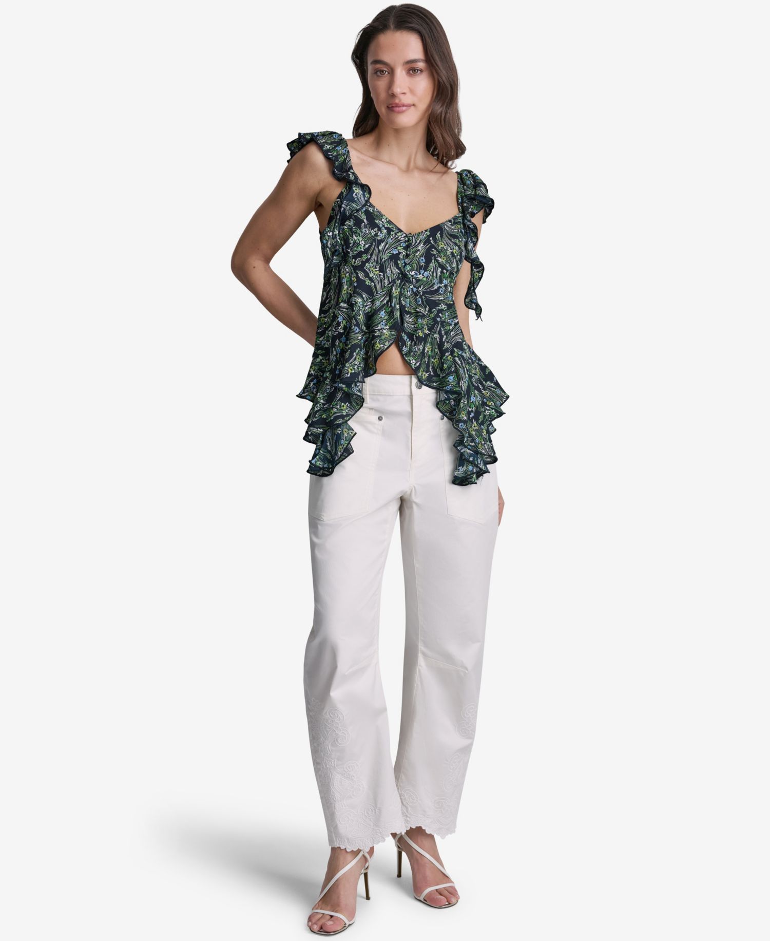 Women's Floral Print Ruffled V-Neck Top