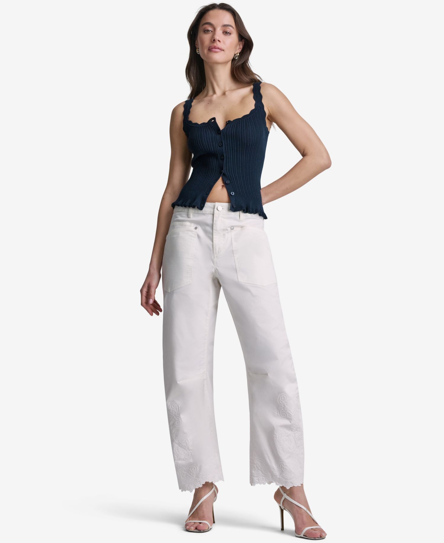 Women's Embroidered Scallop-Hem Wide-Leg Jeans