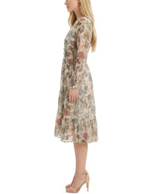 Women's Long-Sleeve Clip Dot Chiffon Dress with Smocked Waist and Cuffs