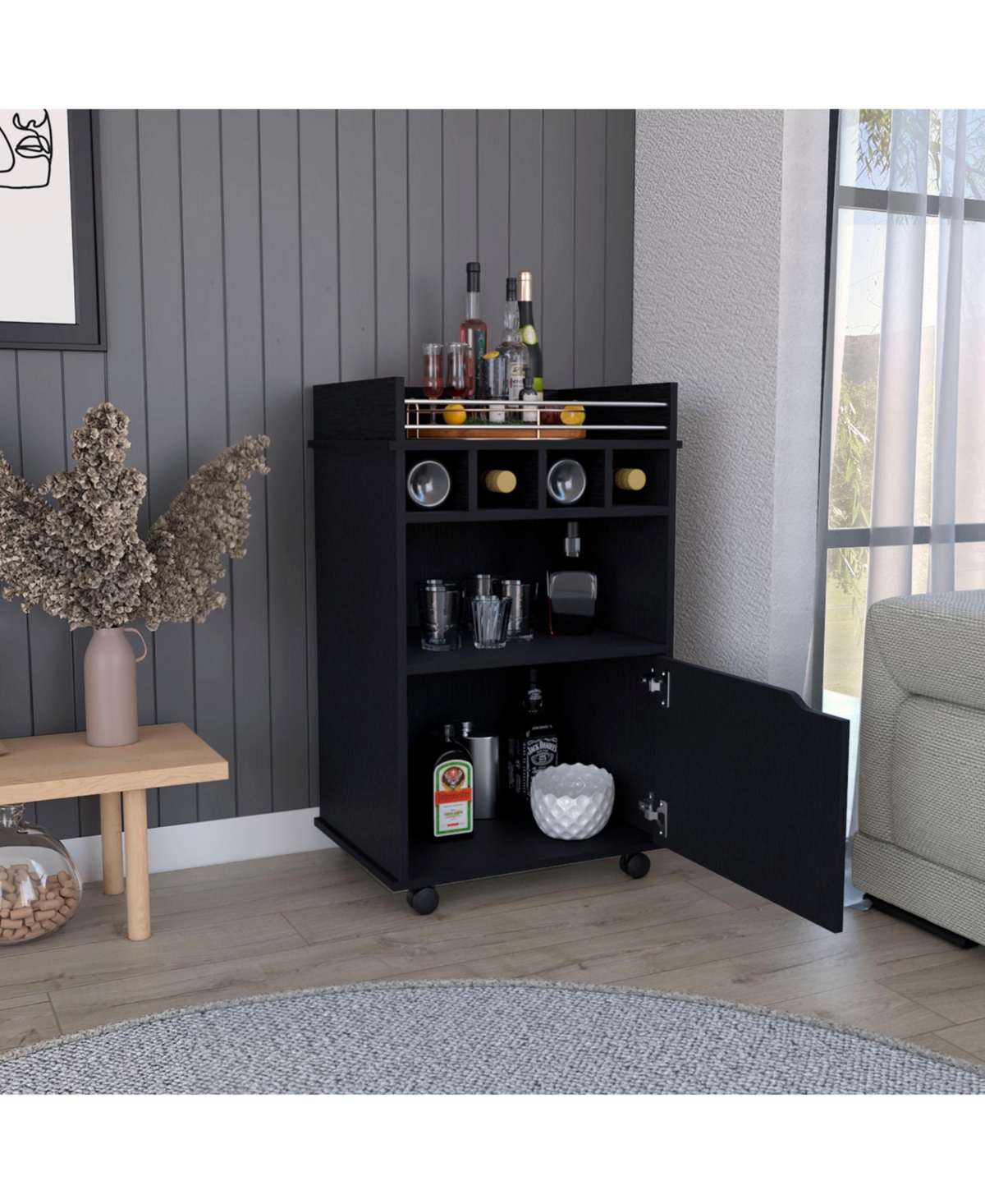 flynama Bar Cart with 2 Open Shelves, 4 Cubbies and Closed Cabinet