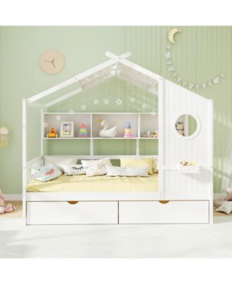 House Bed Kids Bed Frame w/ 2 Storage Drawers & Fence Guardrails