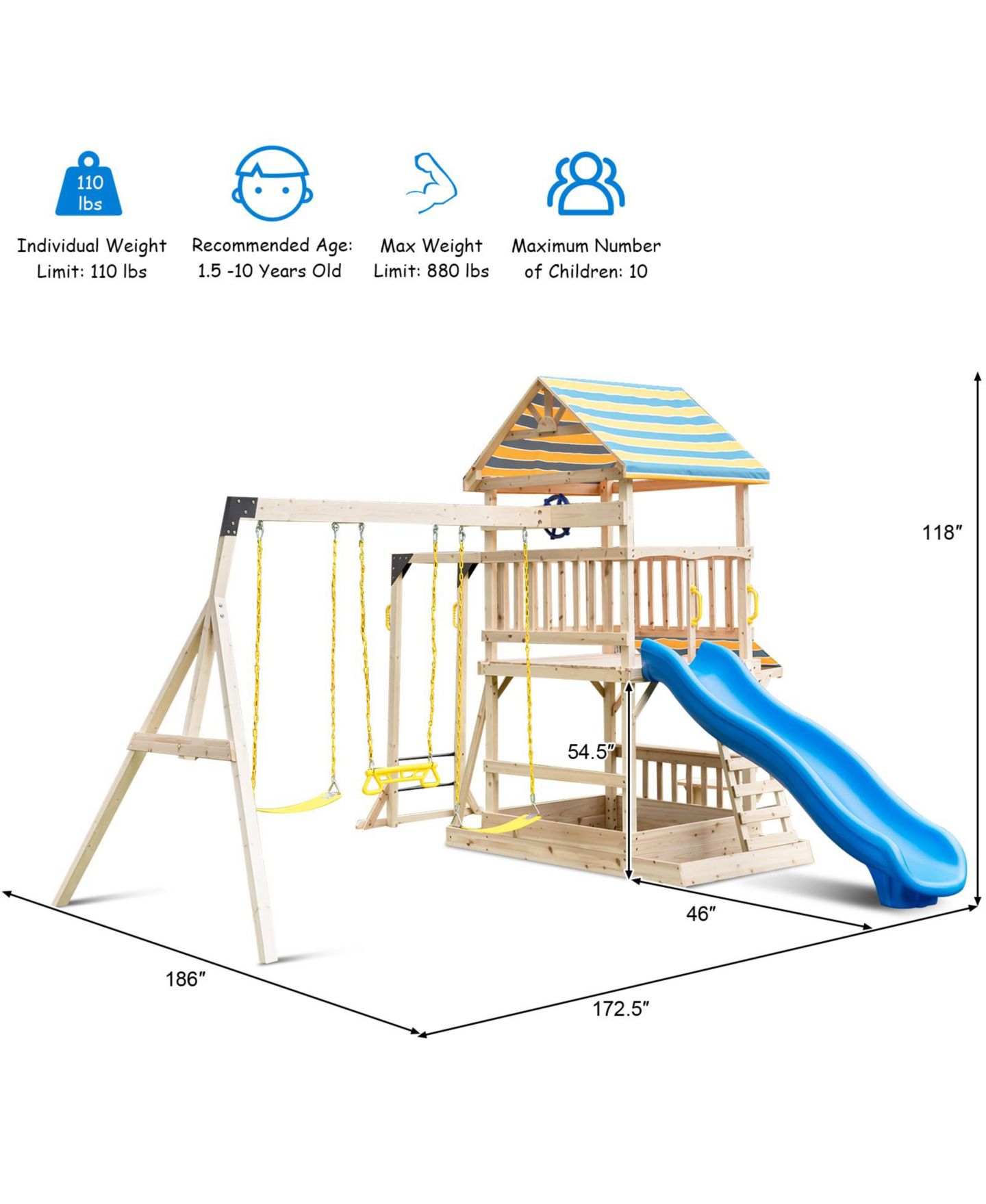 Детские игрушки Slickblue Wooden Swing Set with Slide, Deck and Steering Wheel, For Up to 10 Players, Ages 3+, цвет: Коричневый — фото 4