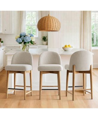 Armless Upholstered Counter Height Stools Set of 3, Linen, Wood Legs