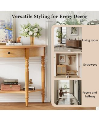 Farmhouse Half Moon Console Table with Drawer & Shelf