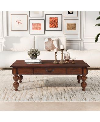 Rectangular Wooden Coffee Table - Vintage Center Table with Storage Drawer and Gourd-Shaped Legs for Living Room