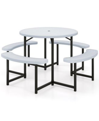 Round HDPE Picnic Table with 4 Built-in Benches and Umbrella Hole for 4-8 People