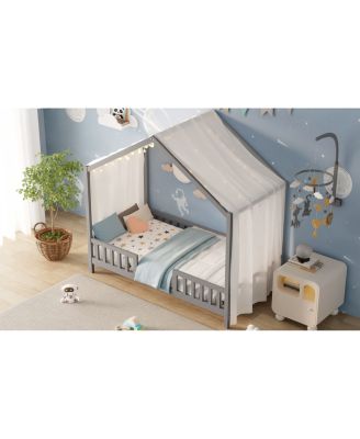   Montessori House Floor Bed with Canopy and Railings