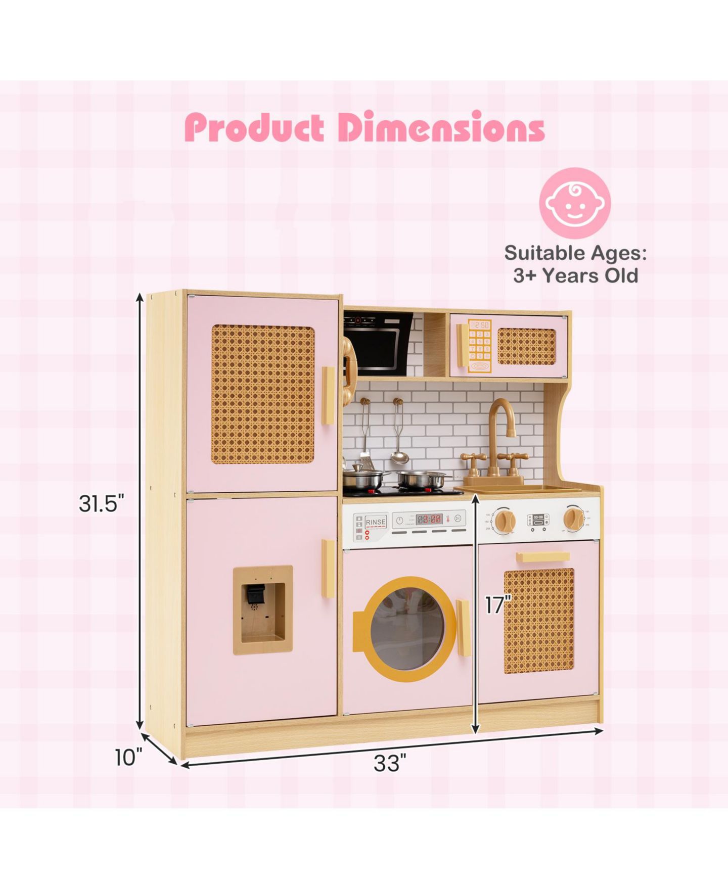 Детский игровой набор Slickblue Wooden Lights-and-Sounds Kids' Kitchen Playset, от 3 лет, цвет: Розовый — фото 3