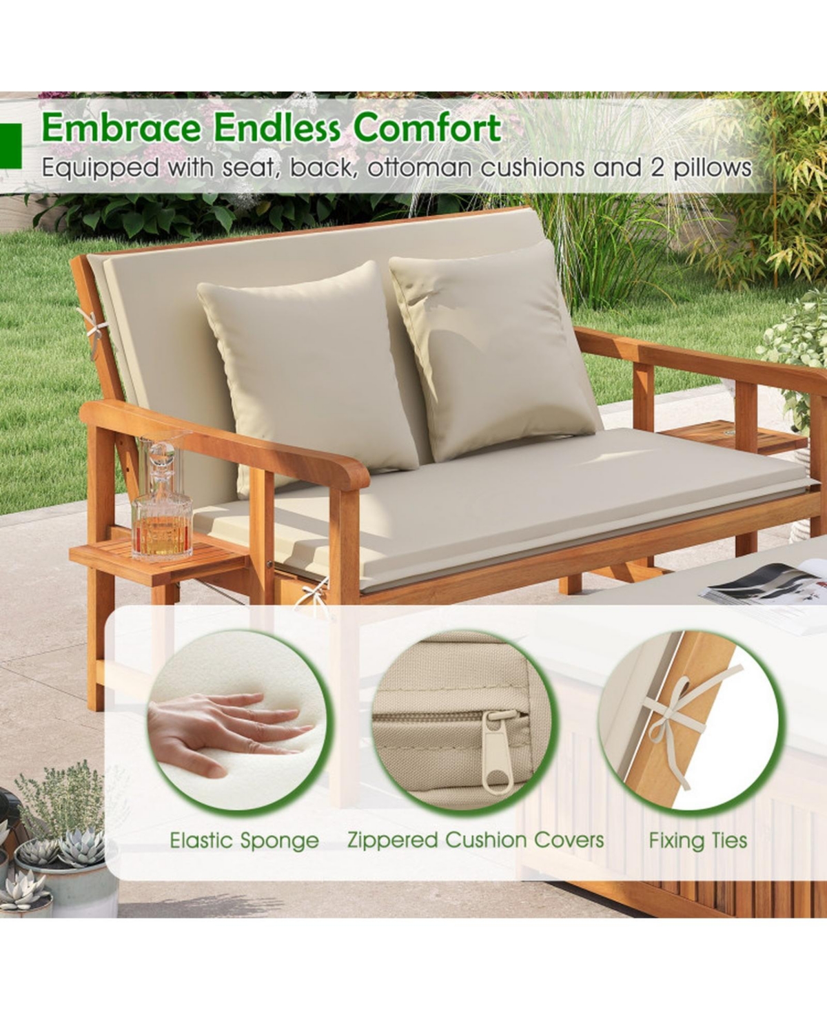 Gouun Acacia Wood Outdoor Daybed with Storage Ottoman and Removable Cushions
