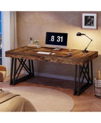 Executive Desk with X-Shaped Legs, 63'' Farmhouse Office Computer Desk, Large Writing Table