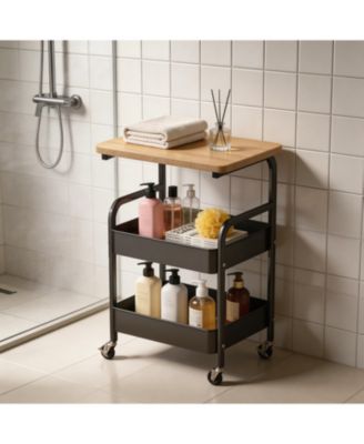 Sturdy 3-Tier Metal Utility Cart with Wooden Tabletop - Lockable Wheels, Multipurpose Storage Shelf