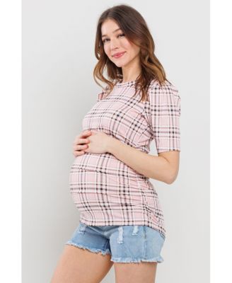 Maternity Plaid Ruched Puff Sleeve Fitted Top