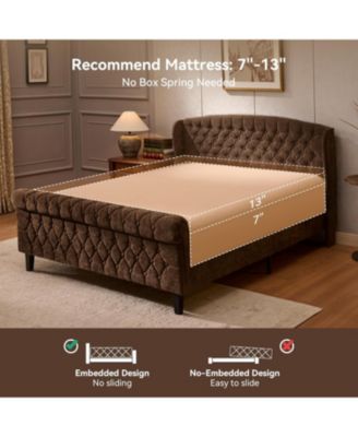 Queen Sleigh Bed Frame, Chenille Wingback Headboard, Button Tufted Footboard, Wood Slat Support, No Box Spring, Noise-Free, Easy Assembly