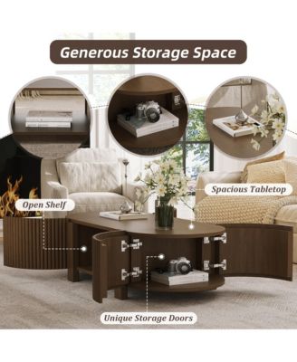 Oval Coffee Table with Storage, Fluted Center Table with Shelves and 2 Open Doors, 47" Mid Century Modern Coffee Table for Living Room