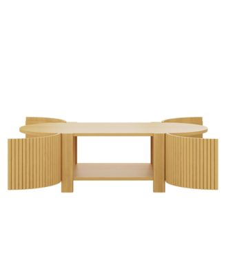 47" Fluted Oval Center Table, Mid Century Modern Coffee Table with Storage Shelves and 2 Open Doors for Home Living Room