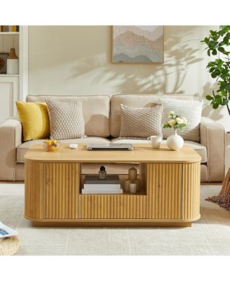 46.5" Fluted Wooden Oval Coffee Table - Center Table with Drawers, Hidden Storage Cabinets and Open Shelf for Living Room