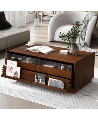 47.2 Inch Modern Wooden Rectangular Coffee Table, Fluted Center Table with 4 Drawers and 2 Open Display Shelves for Living Room