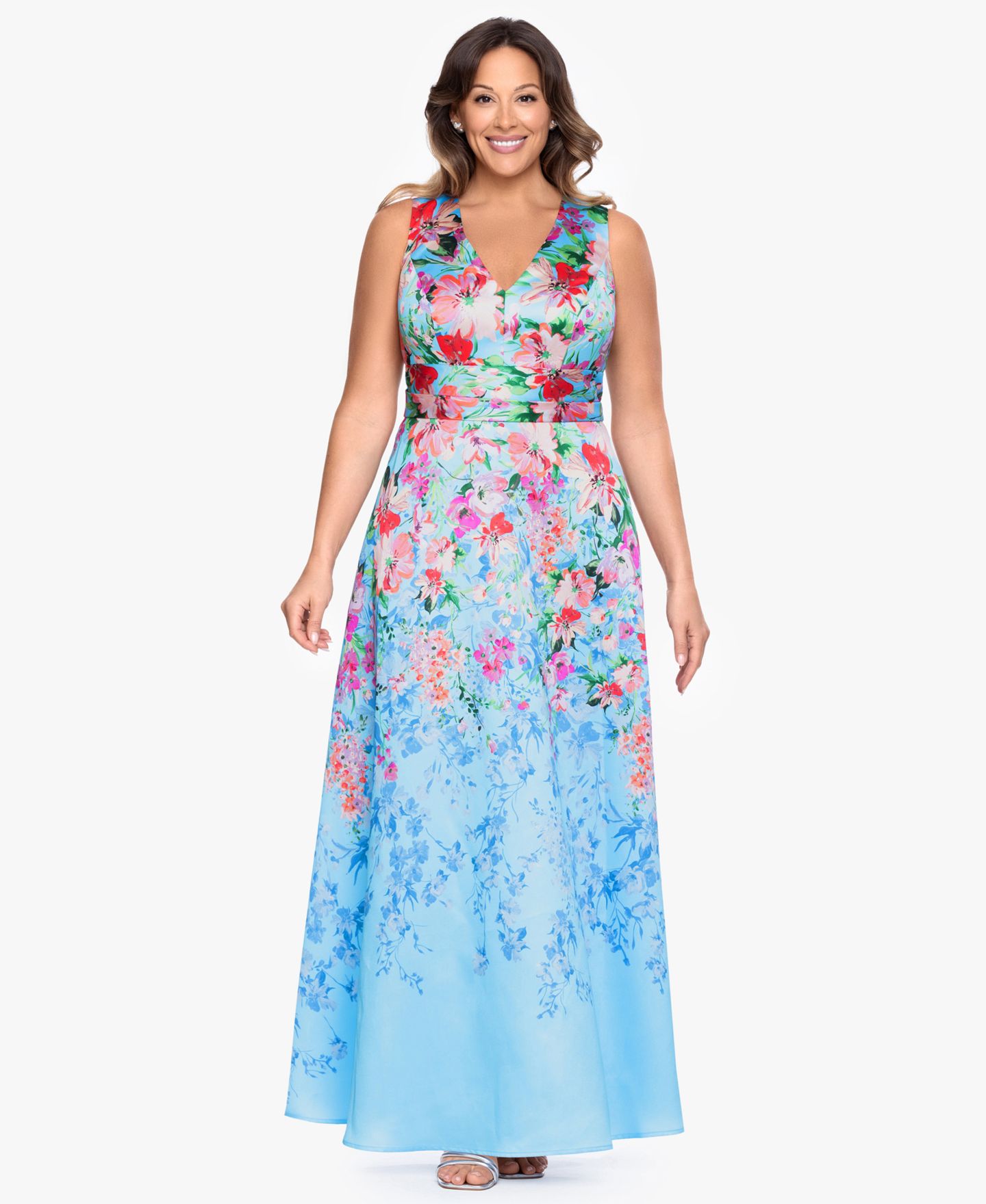 Женское платье Betsy & Adam Plus Size Floral Print V-Neck Sleeveless Gown, цвет: Синий разноцветный — фото 1