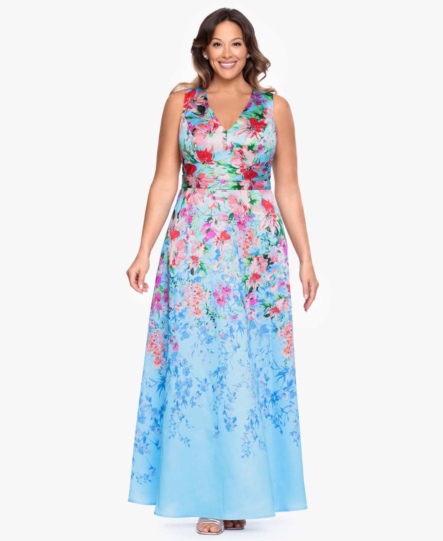 Plus Size Floral Print V-Neck Sleeveless Gown