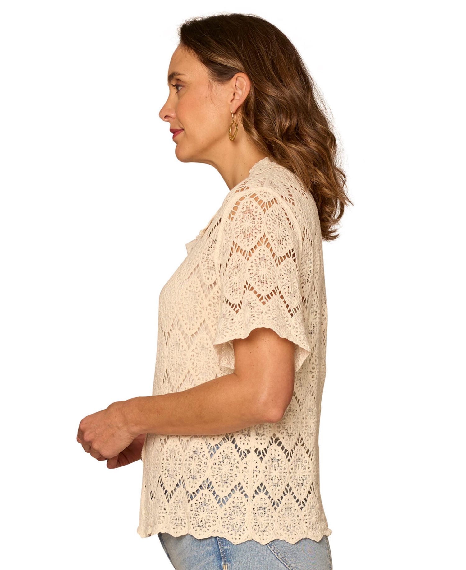 Petite Collared Short-Sleeve Crochet Top