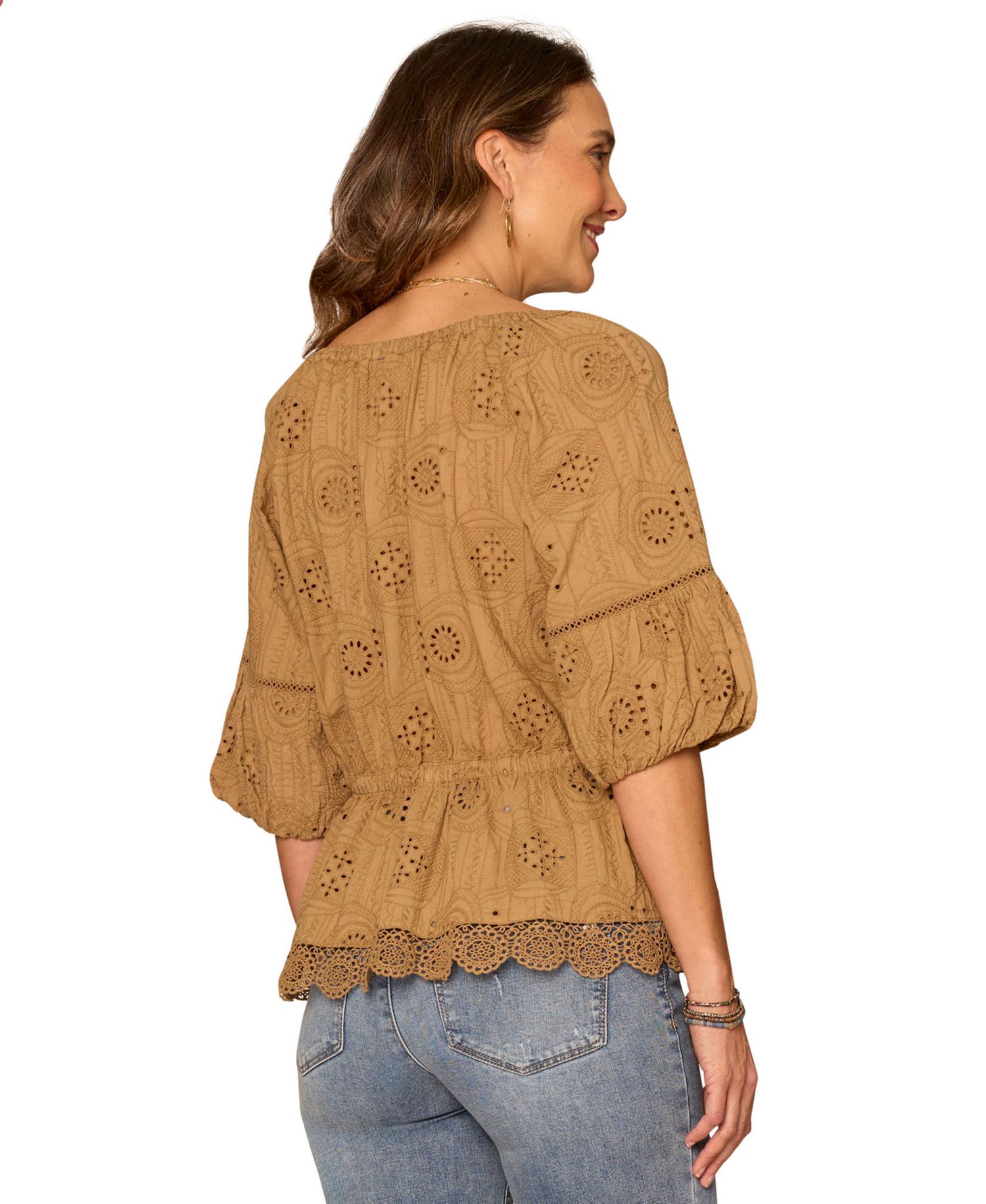 Petite Bubble-Sleeve Split Neck Top