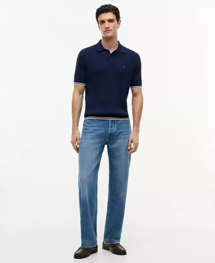 Men's Cable Knitted Short-Sleeve Sweater Polo Shirt - thumbnail 6