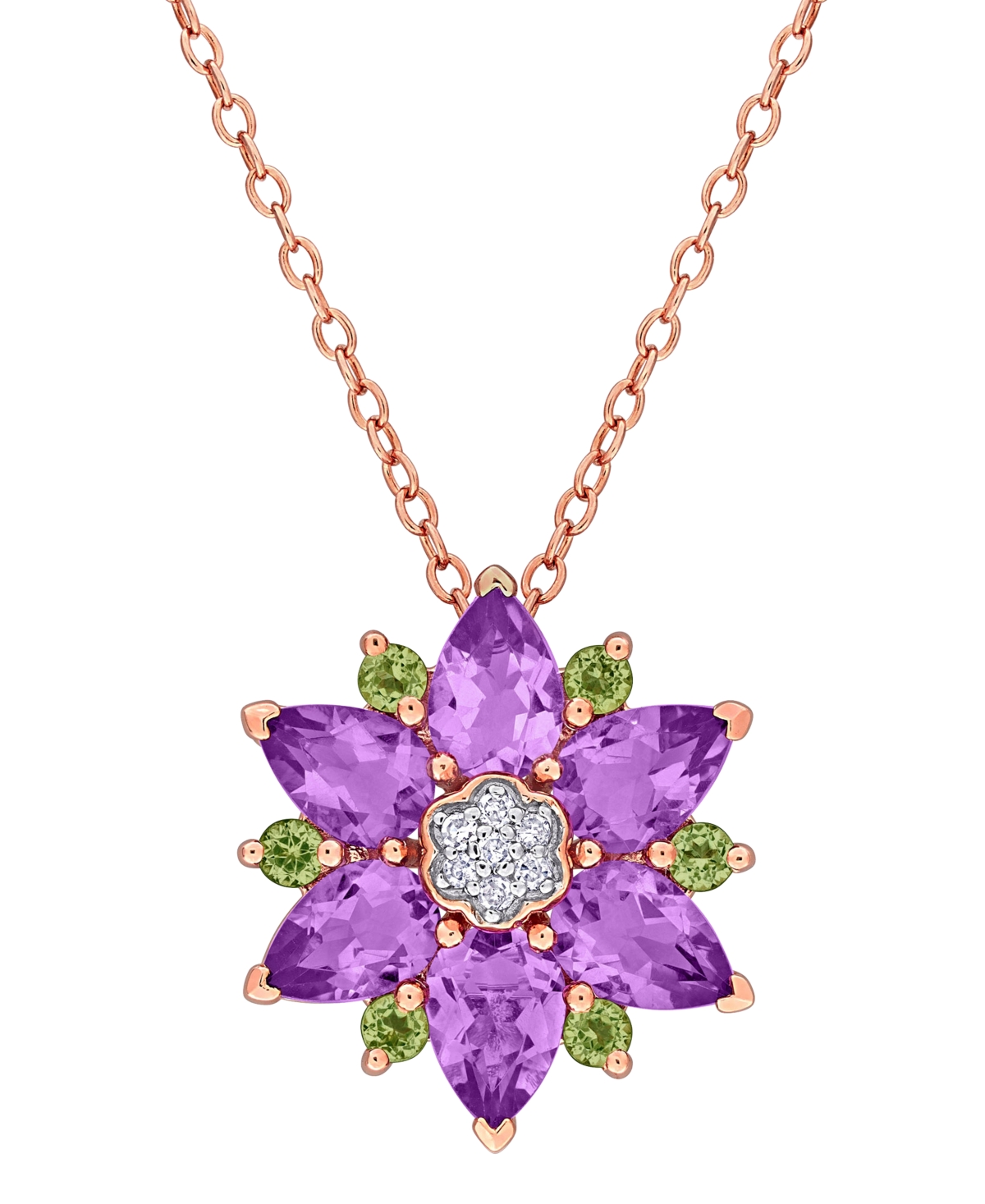 Macy's Amethyst (2-1/10 ct. t.w.), Peridot (1/4 ct. t.w.) & Diamond (0.04 ct. t.w.) Pendant Necklace in 18k Rose Gold Flash Plated Sterling Silver